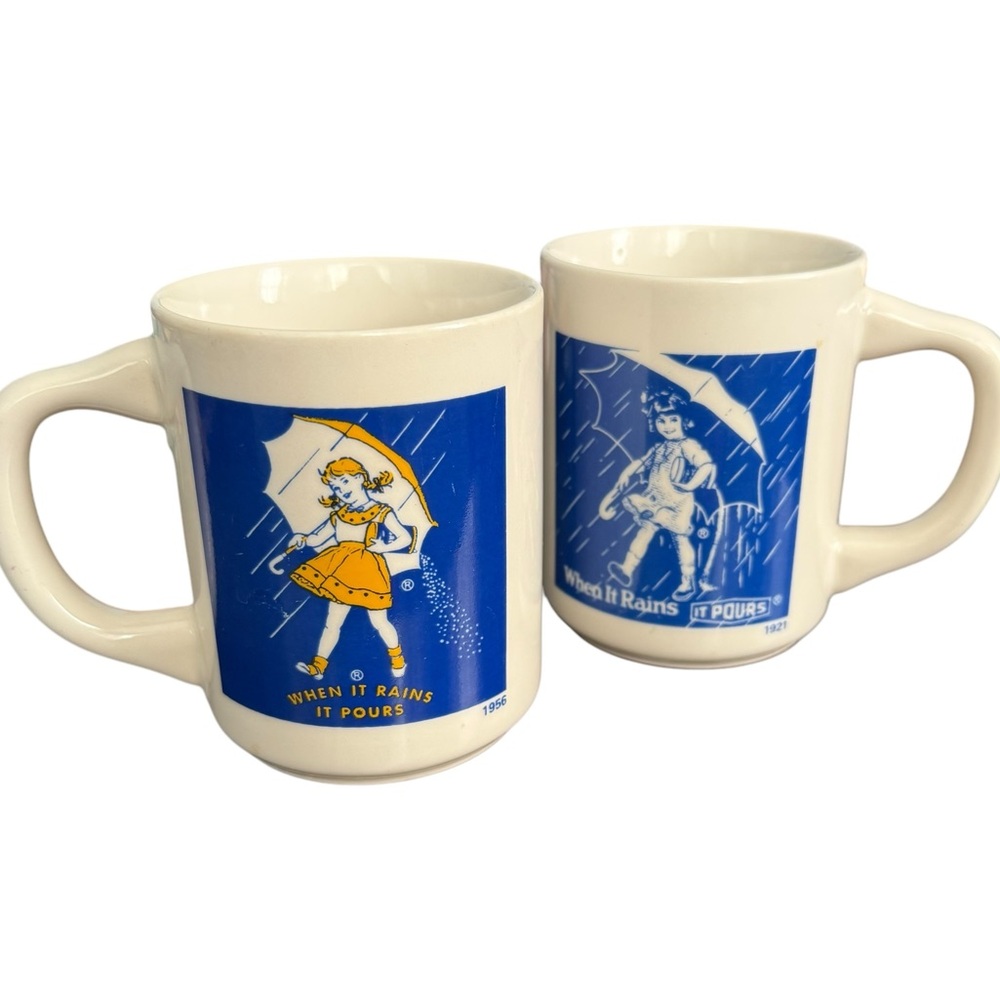 VINTAGE 1921 & 1956 MORTON SALT GIRL ADVERTISING COFFEE MYG SET